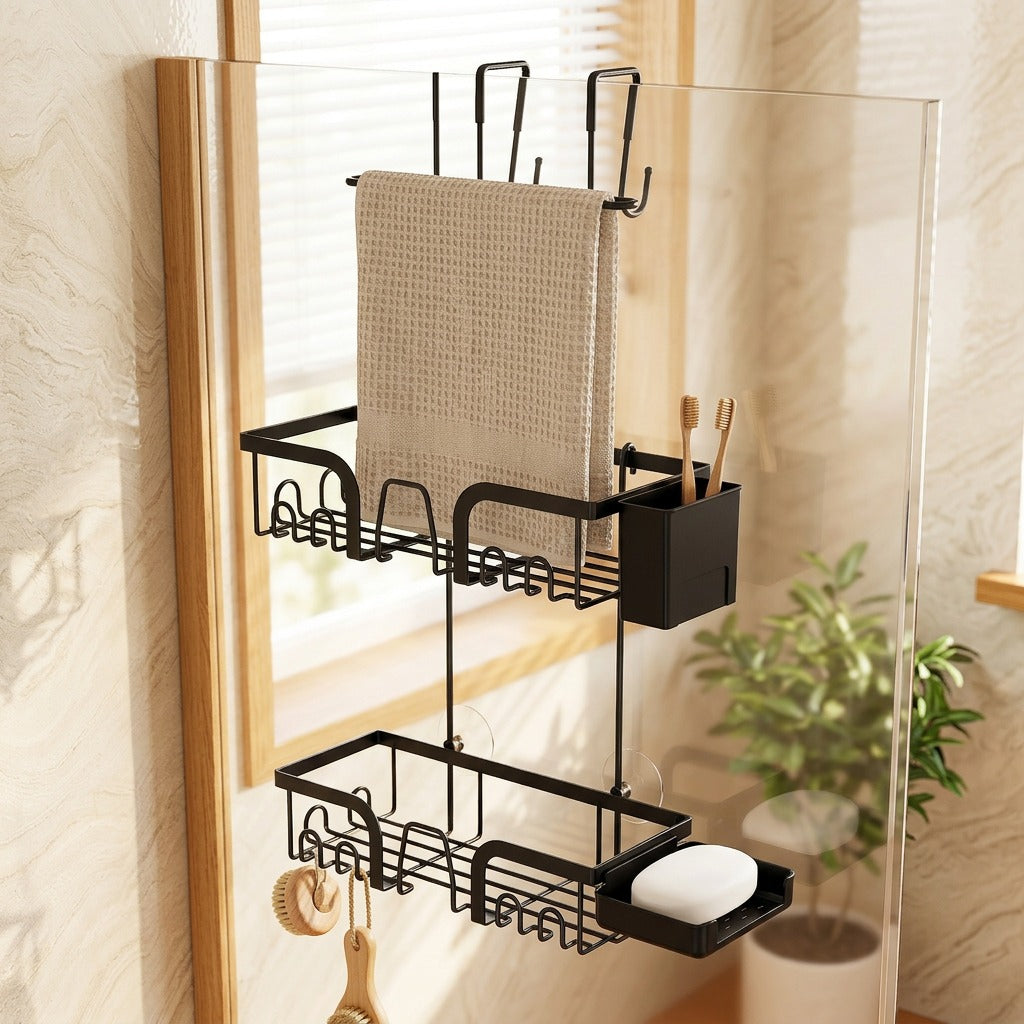 Doorloop™ Iron Bathroom Door Towel Rack in a calm home setting