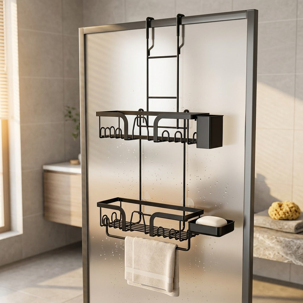 Doorloop™ Iron Bathroom Door Towel Rack, styled close view