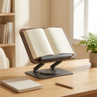 Walnutilt™ Walnut Adjustable Reading Stand in a calm home setting