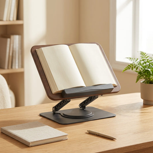 Walnutilt™ Walnut Adjustable Reading Stand in a calm home setting