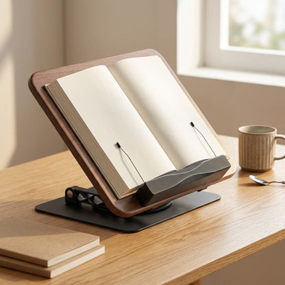 Walnutilt™ Walnut Adjustable Reading Stand, styled close view