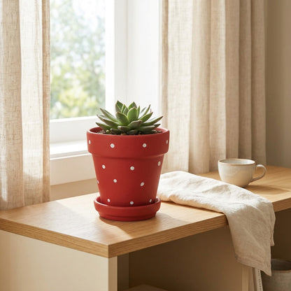 Dotclay™ Red Polka Dot Ceramic Flower Pot in a calm home setting