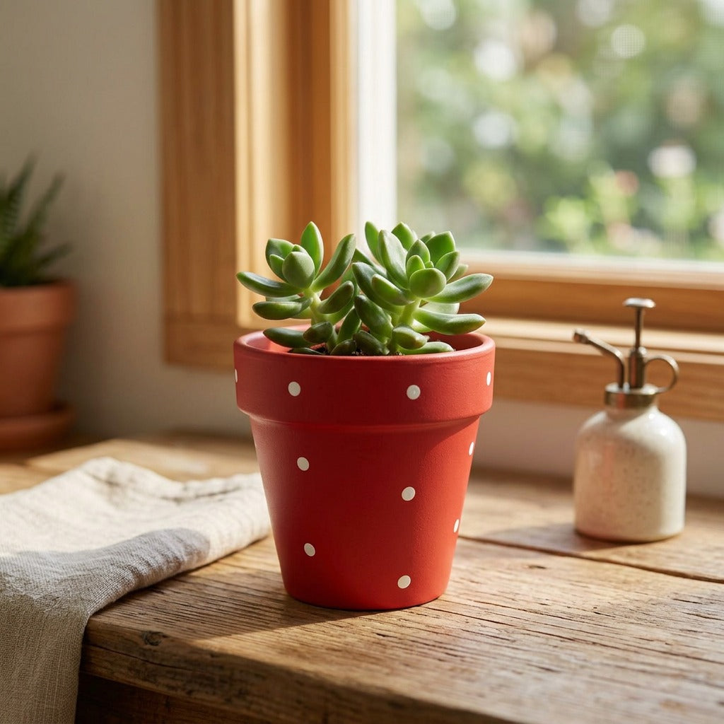 Dotclay™ Red Polka Dot Ceramic Flower Pot, styled close view