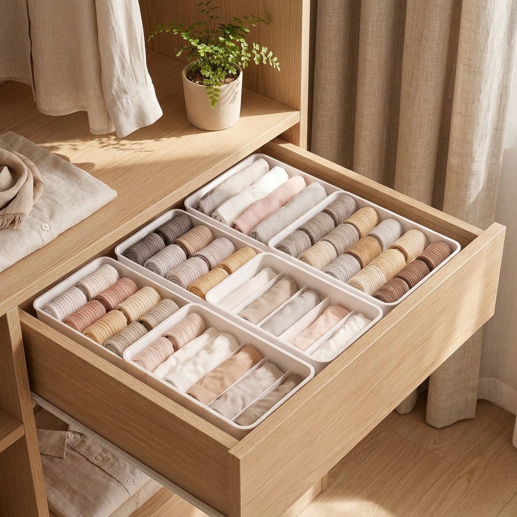 Briefcubby™ PP Underwear Storage Organizer in a calm home setting