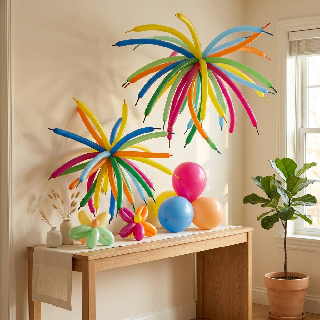 Festifloat™ Long Latex Birthday Balloons in a calm home setting