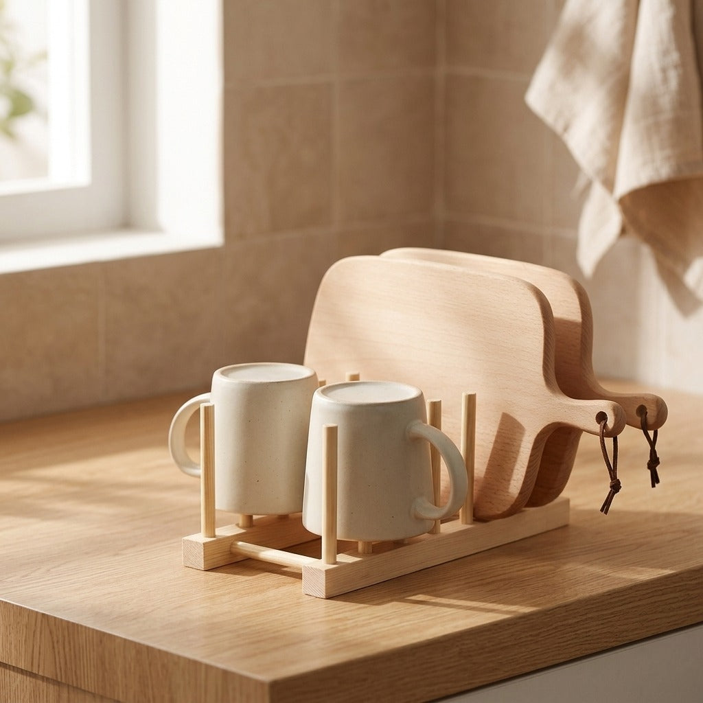 Pineperch™ Pine Wood Cup Storage Rack, styled close view