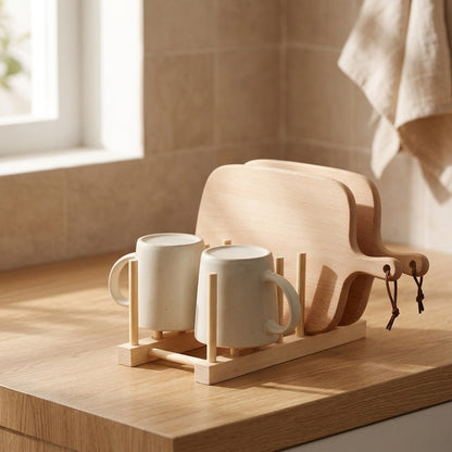 Pineperch™ Pine Wood Cup Storage Rack, styled close view