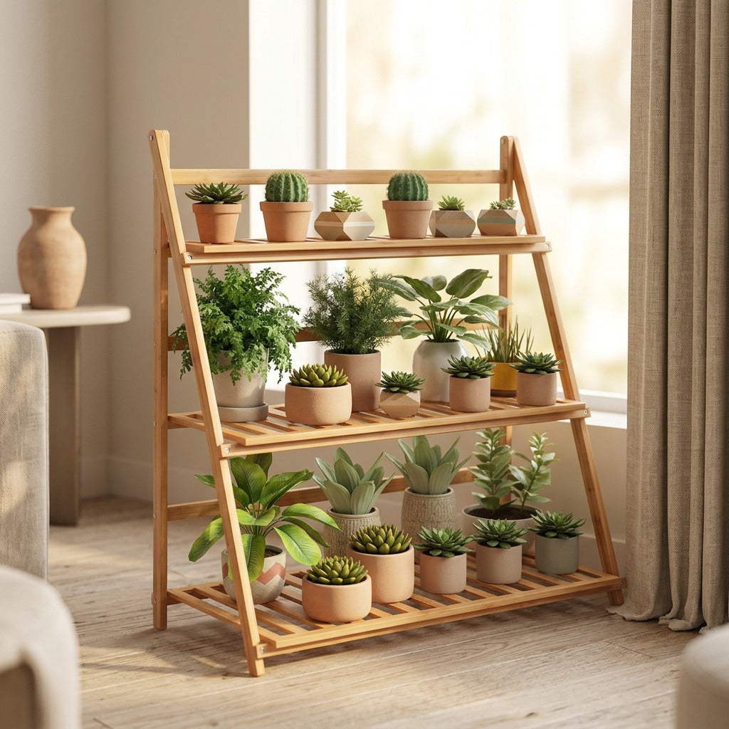 Bambooperch™ Bamboo Flower Pot Stand, styled close view