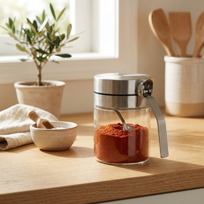 Seasonspoon™ Glass Seasoning Jar With Spoon in a calm home setting