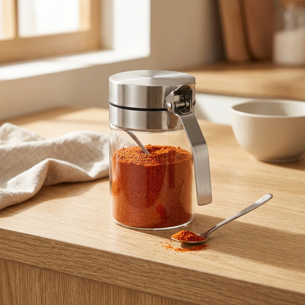 Seasonspoon™ Glass Seasoning Jar With Spoon, styled close view