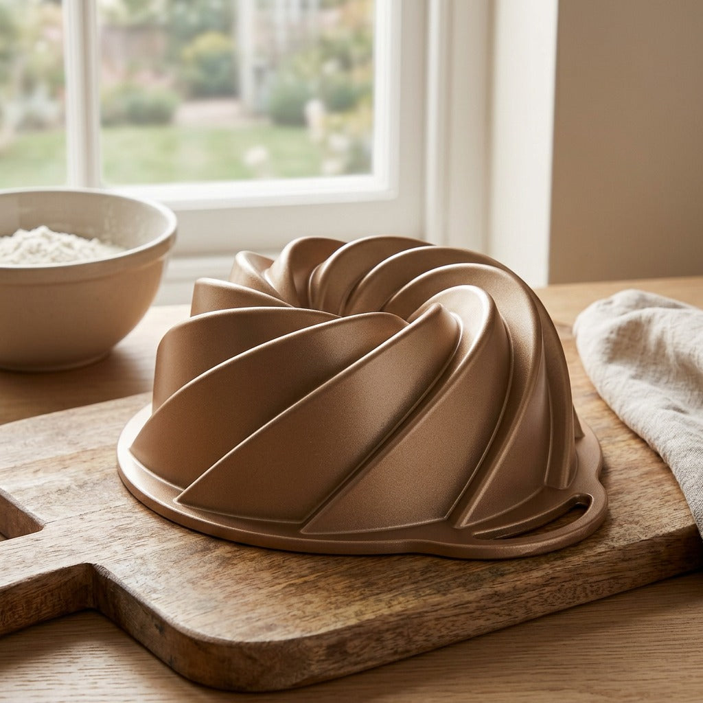 Swirlbake™ Swirl Aluminum Cake Mold, styled close view