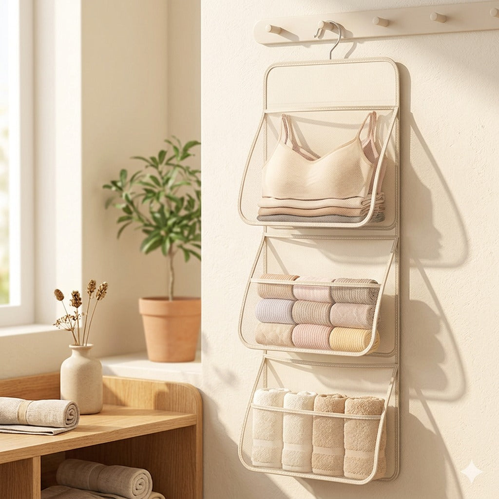 Meshstow™ Polyester Mesh Hanging Storage Bag in a calm home setting