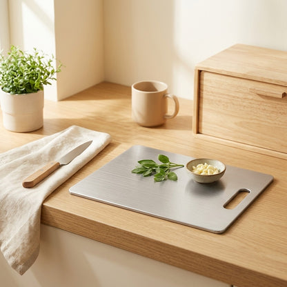 Pureprep™ 304 Stainless Steel Cutting Board in a calm home setting