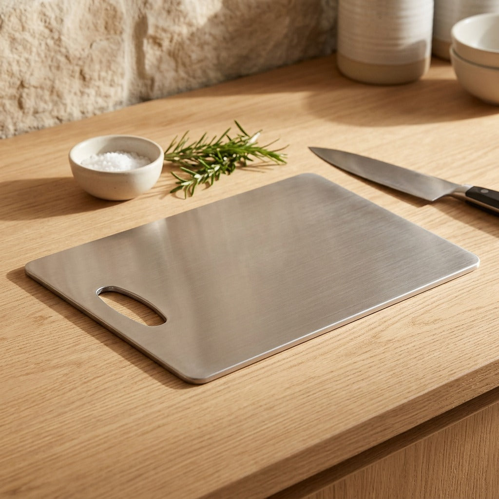 Pureprep™ 304 Stainless Steel Cutting Board, styled close view