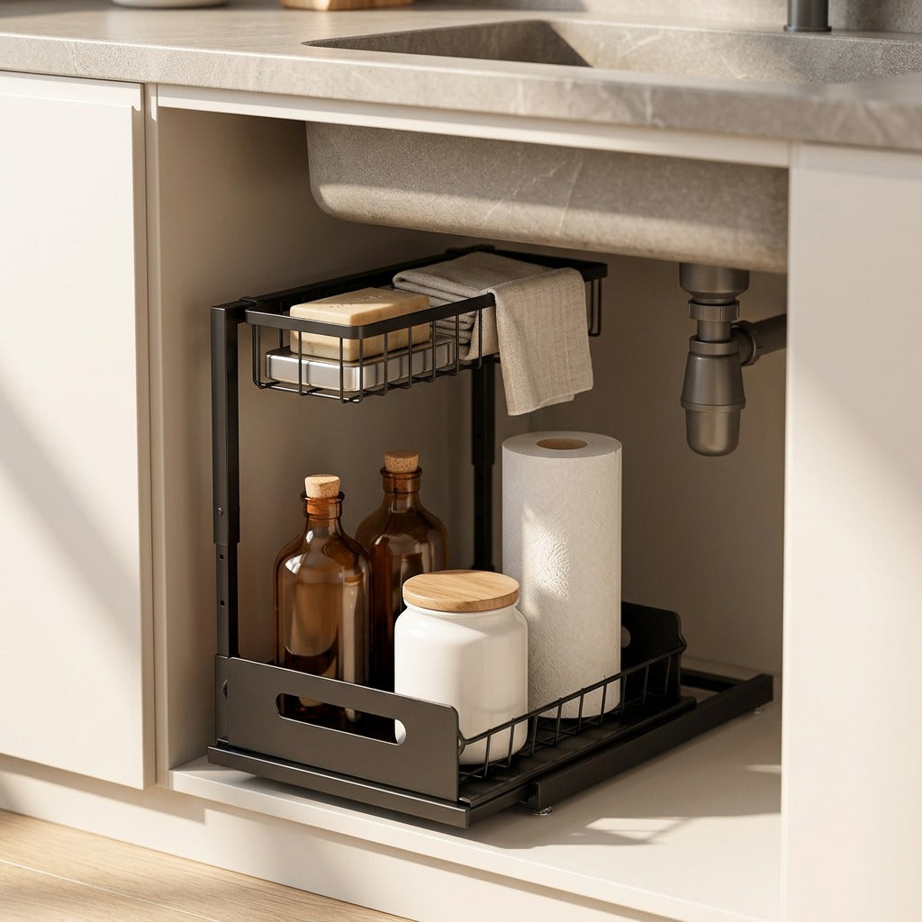 Sinktier™ Iron Kitchen Sink Storage Rack, styled close view