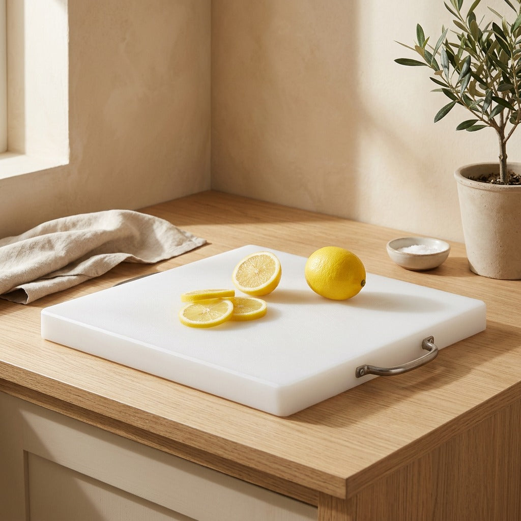 Flipchop™ Double-Sided Plastic Cutting Board in a calm home setting
