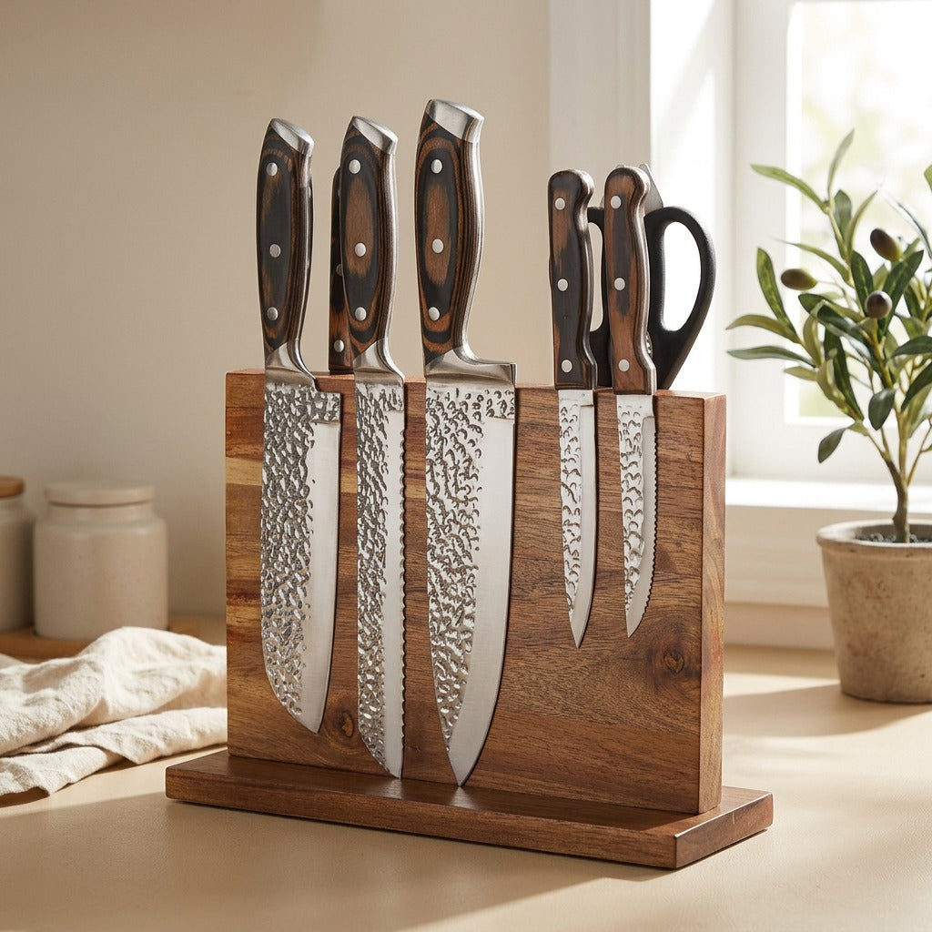 Woodgrip™ Solid Wood Magnetic Knife Holder in a calm home setting