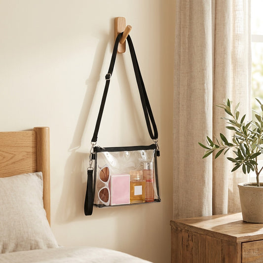 Clearsling™ Transparent PVC Crossbody Bag in a calm home setting