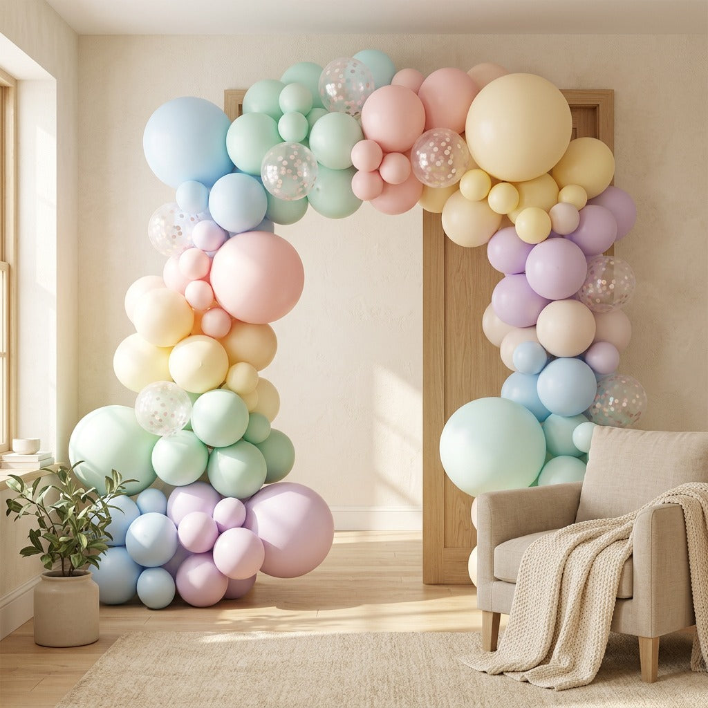 Pastelpop™ Macaron Latex Birthday Balloons in a calm home setting