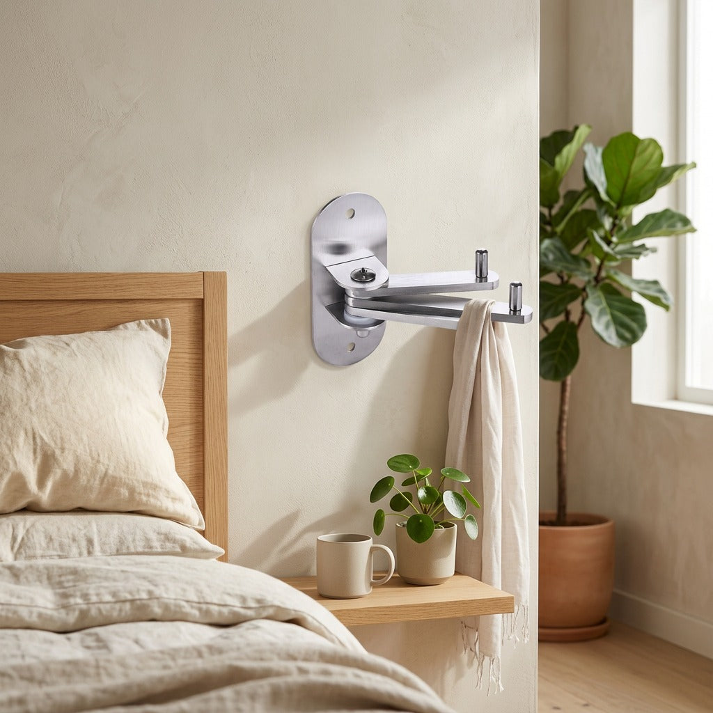 Foldaway™ Stainless Steel Folding Clothes Hook in a calm home setting