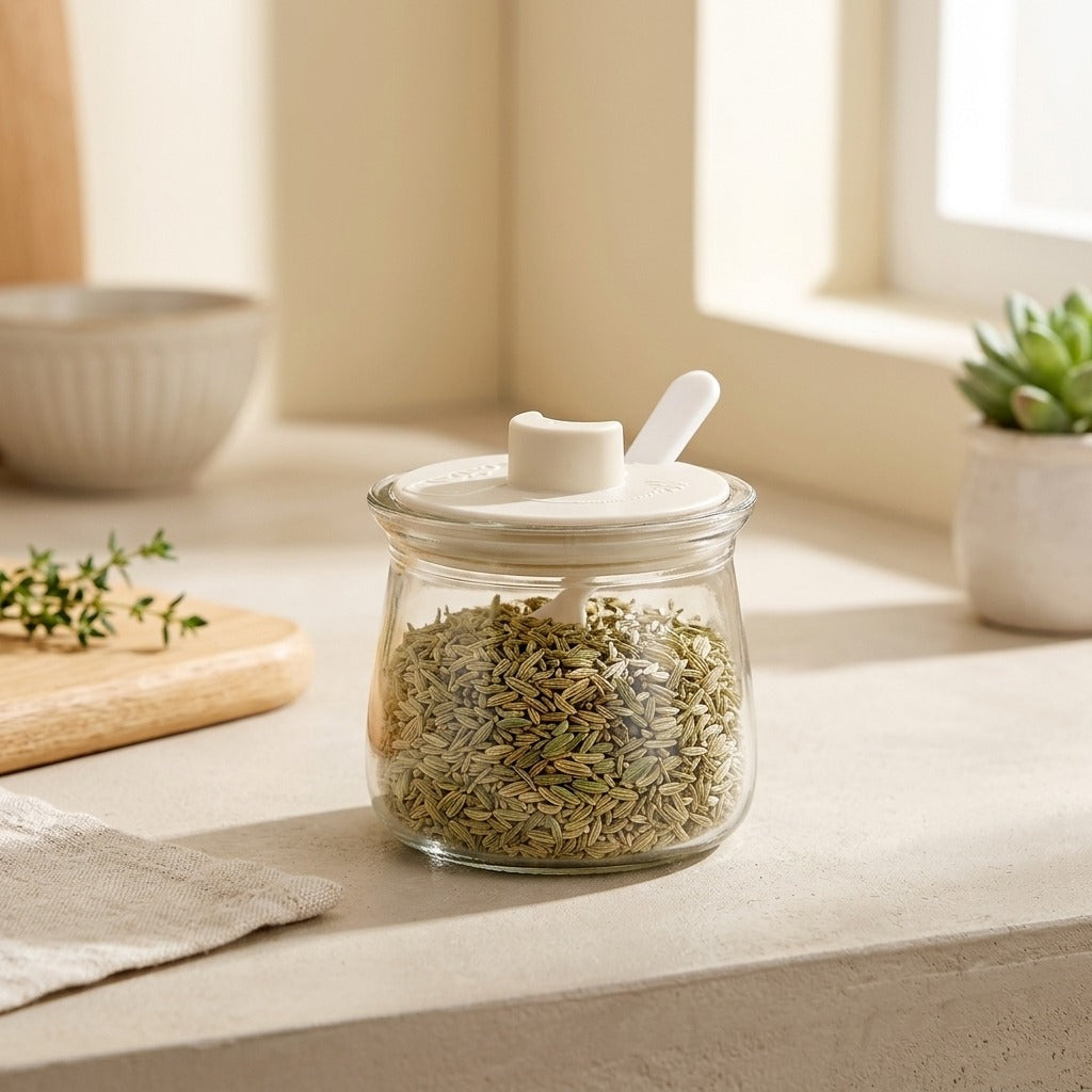 Spicehaven™ Glass Seasoning Jar With Lid in a calm home setting