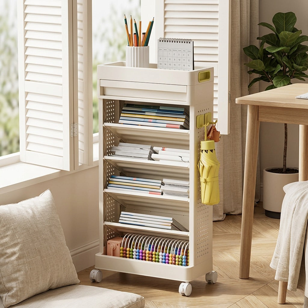 Shelfstack™ Plastic Bookshelf Storage Rack in a calm home setting