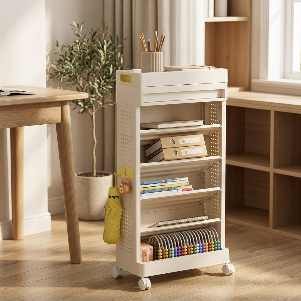 Shelfstack™ Plastic Bookshelf Storage Rack, styled close view