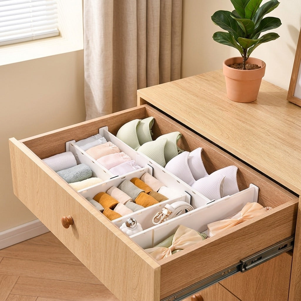 Slidewall™ Plastic Drawer Telescopic Partition in a calm home setting