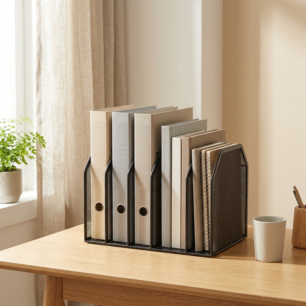 Metalsort™ Metal Desktop File Storage Rack in a calm home setting