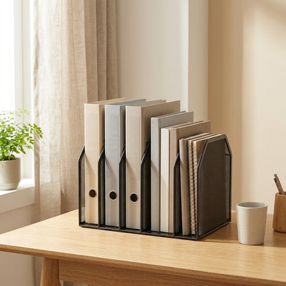 Metalsort™ Metal Desktop File Storage Rack in a calm home setting