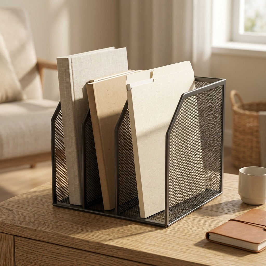 Metalsort™ Metal Desktop File Storage Rack, styled close view