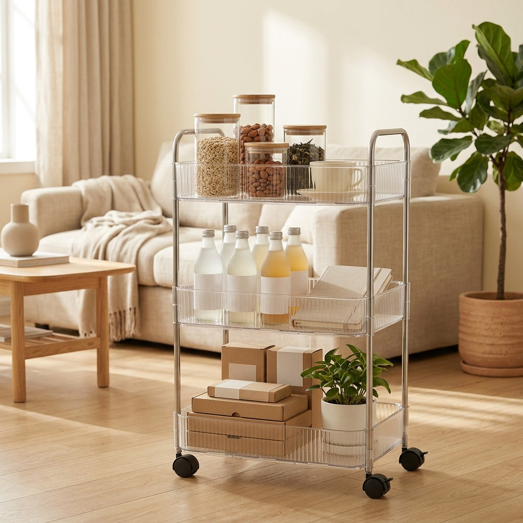 Rackstack™ Plastic Multi-Layer Storage Rack in a calm home setting