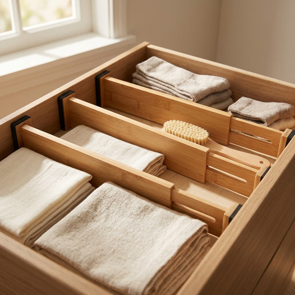 Drawercalm™ Bamboo Drawer Divider Board, styled close view