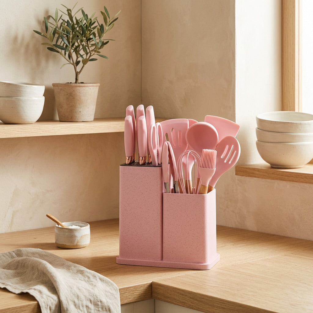 Stirbucket™ Silicone Kitchen Utensil Set with Bucket in a calm home setting