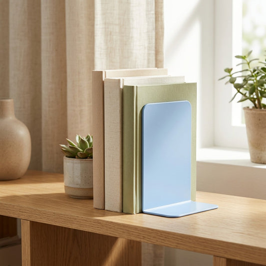 Ironbrace™ Metal L-Shaped Bookends in a calm home setting