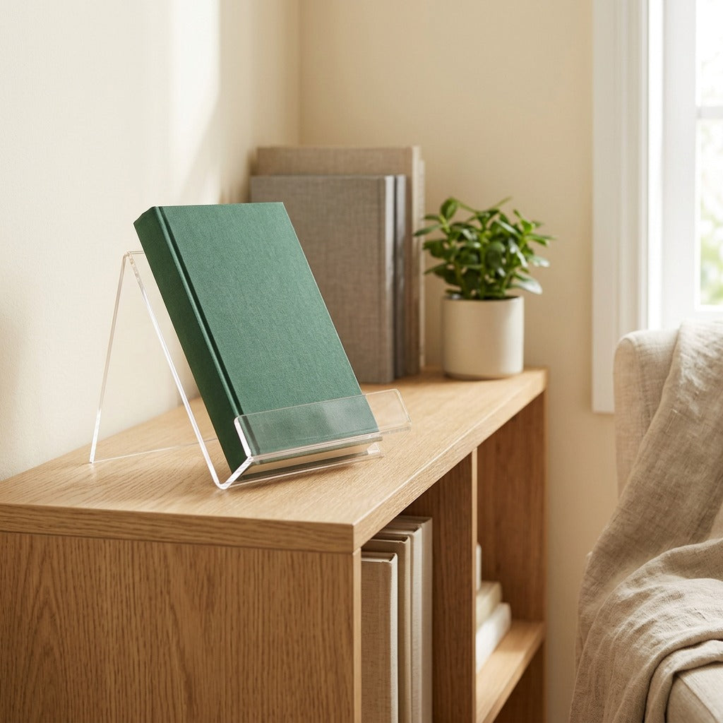Bookperch™ Transparent Acrylic Book Stand in a calm home setting