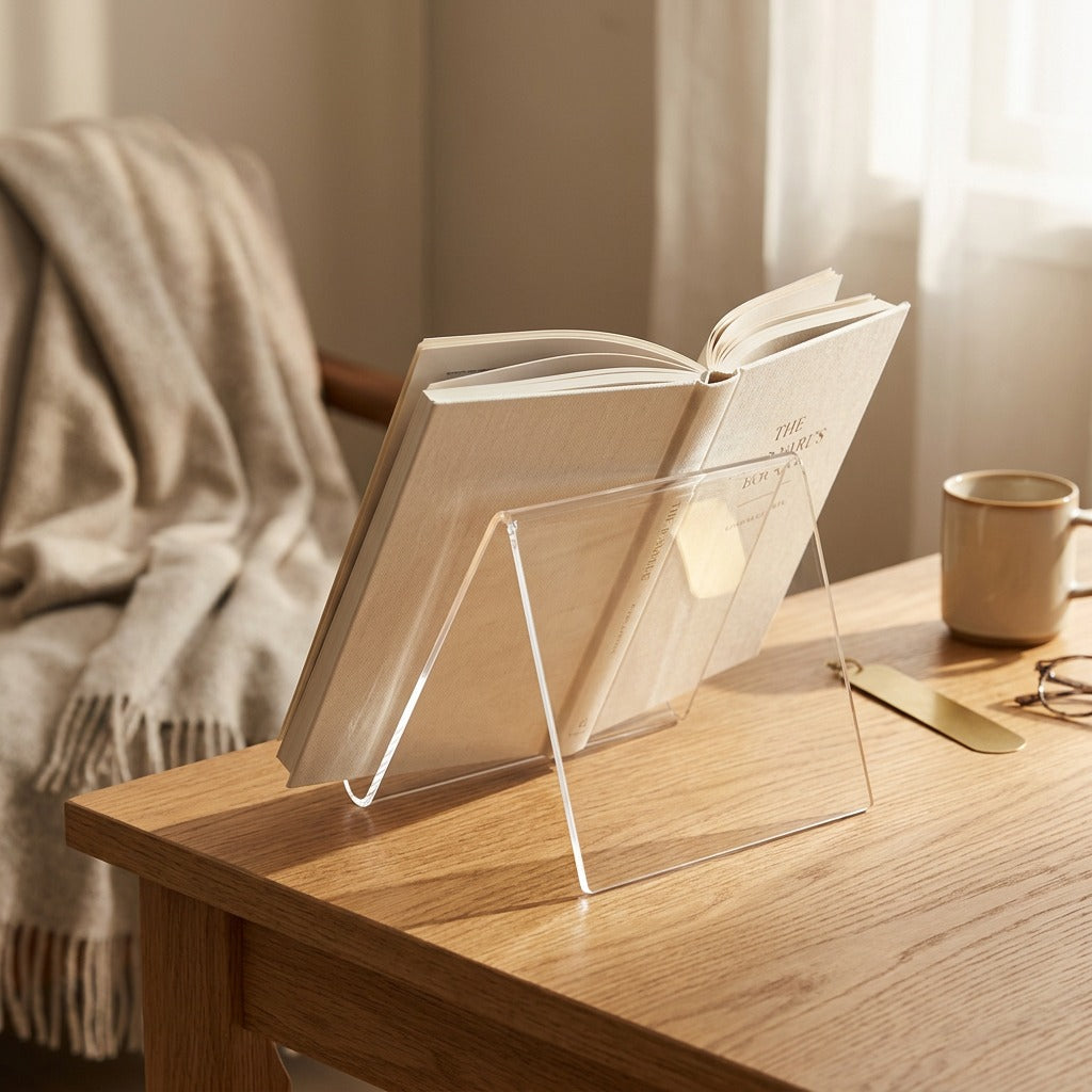 Bookperch™ Transparent Acrylic Book Stand, styled close view