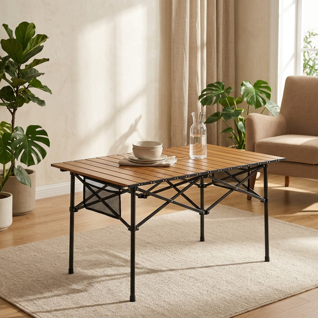 Steelfold™ Carbon Steel Folding Table in a calm home setting