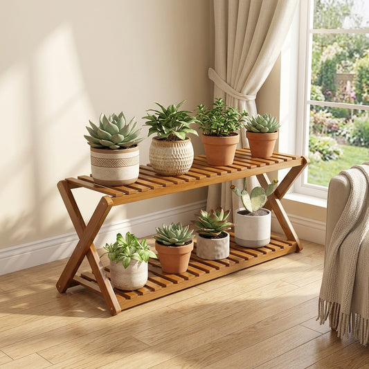 Canebloom™ Bamboo Flower Pot Rack in a calm home setting