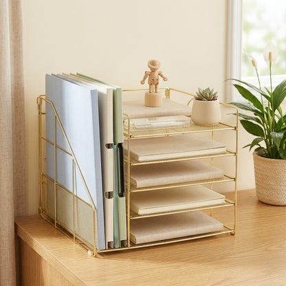 Filerail™ Carbon Steel Desktop File Rack in a calm home setting