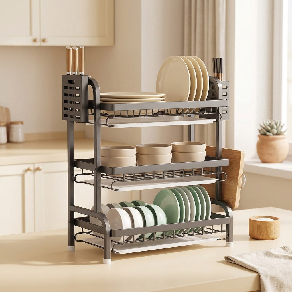 Counterdry™ Carbon Steel Countertop Dish Rack in a calm home setting