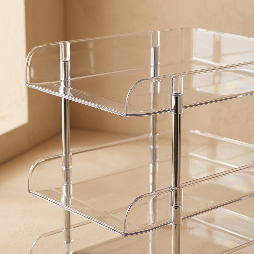 Clearcradle™ Transparent Plastic Desk Storage Rack, material and detail close-up