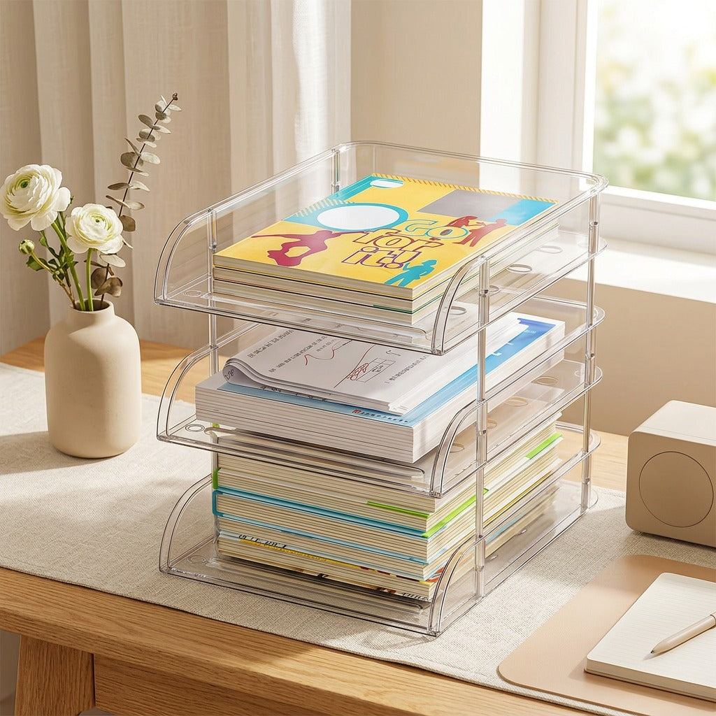 Clearcradle™ Transparent Plastic Desk Storage Rack in a calm home setting