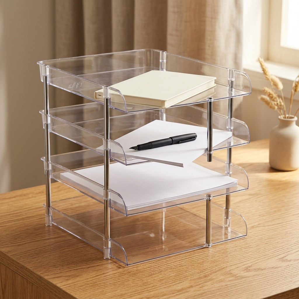 Clearcradle™ Transparent Plastic Desk Storage Rack, styled close view