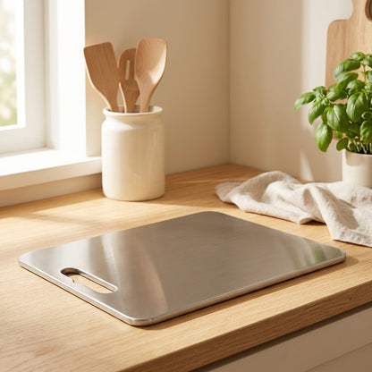 Boardforge™ Thickened Stainless Steel Cutting Board in a calm home setting