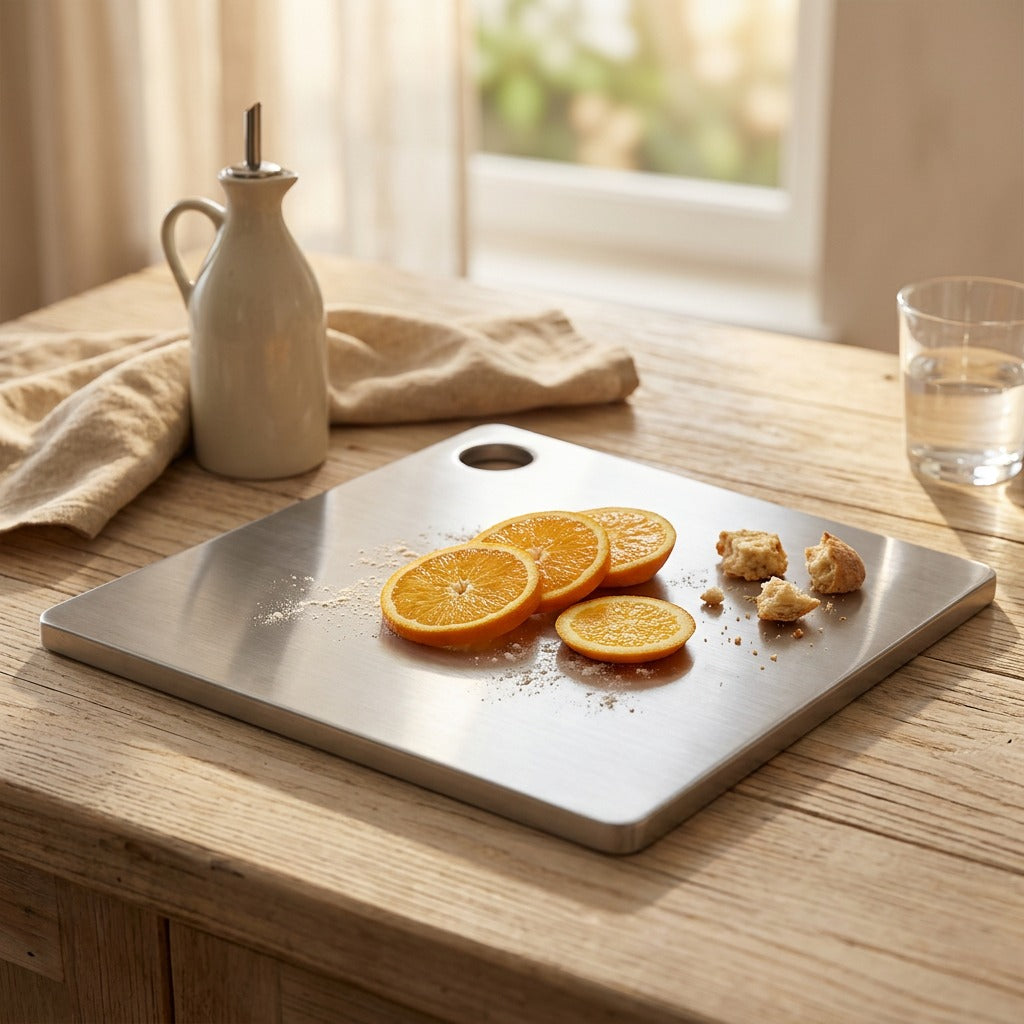 Boardforge™ Thickened Stainless Steel Cutting Board, styled close view