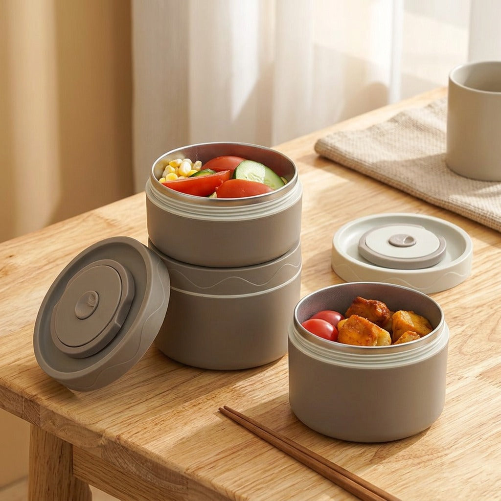 Roundmeal™ Round 304 Stainless Steel Lunch Box, styled close view