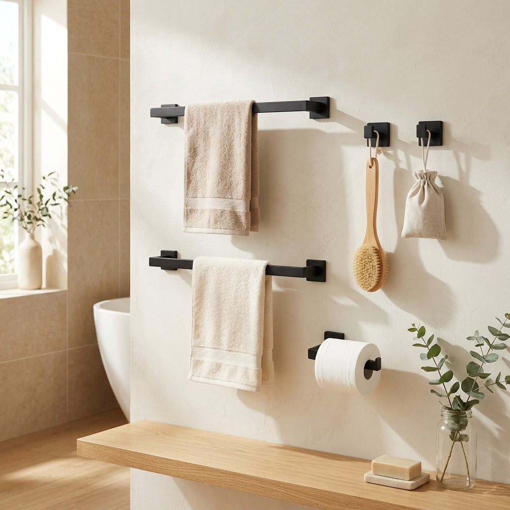 Towelrail™ Stainless Steel Bathroom Towel Rack Set in a calm home setting
