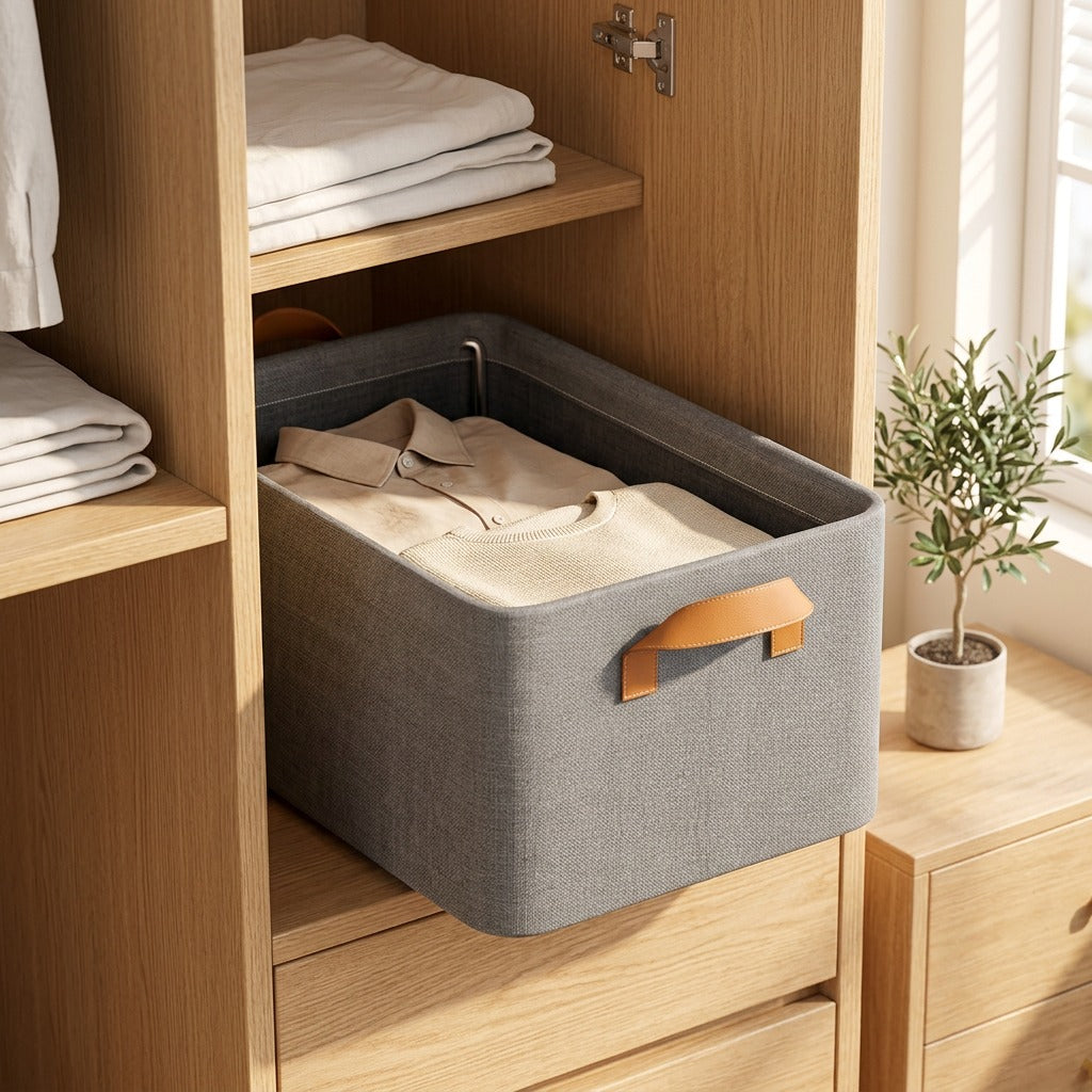 Foldbox™ Foldable Clothing Storage Box in a calm home setting