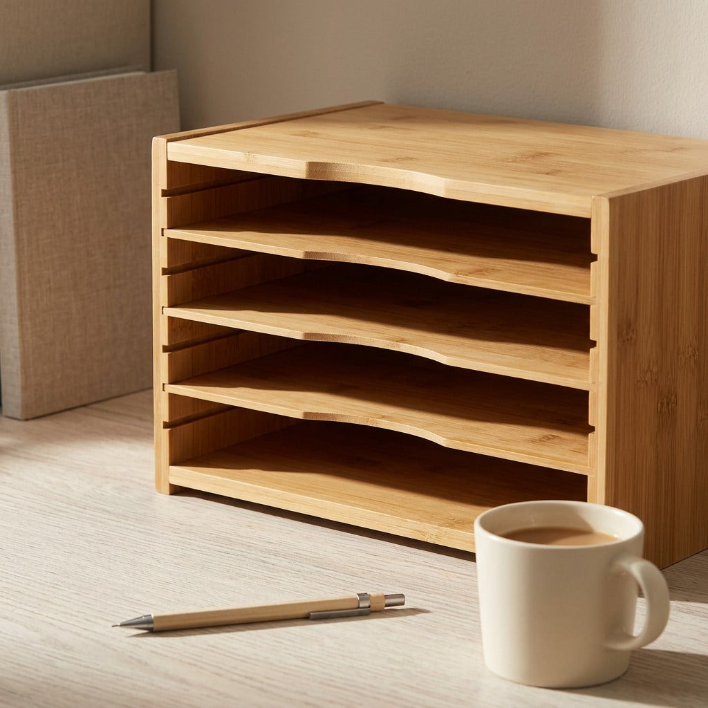 Woodorder™ Wood Desktop File Storage Rack, styled close view